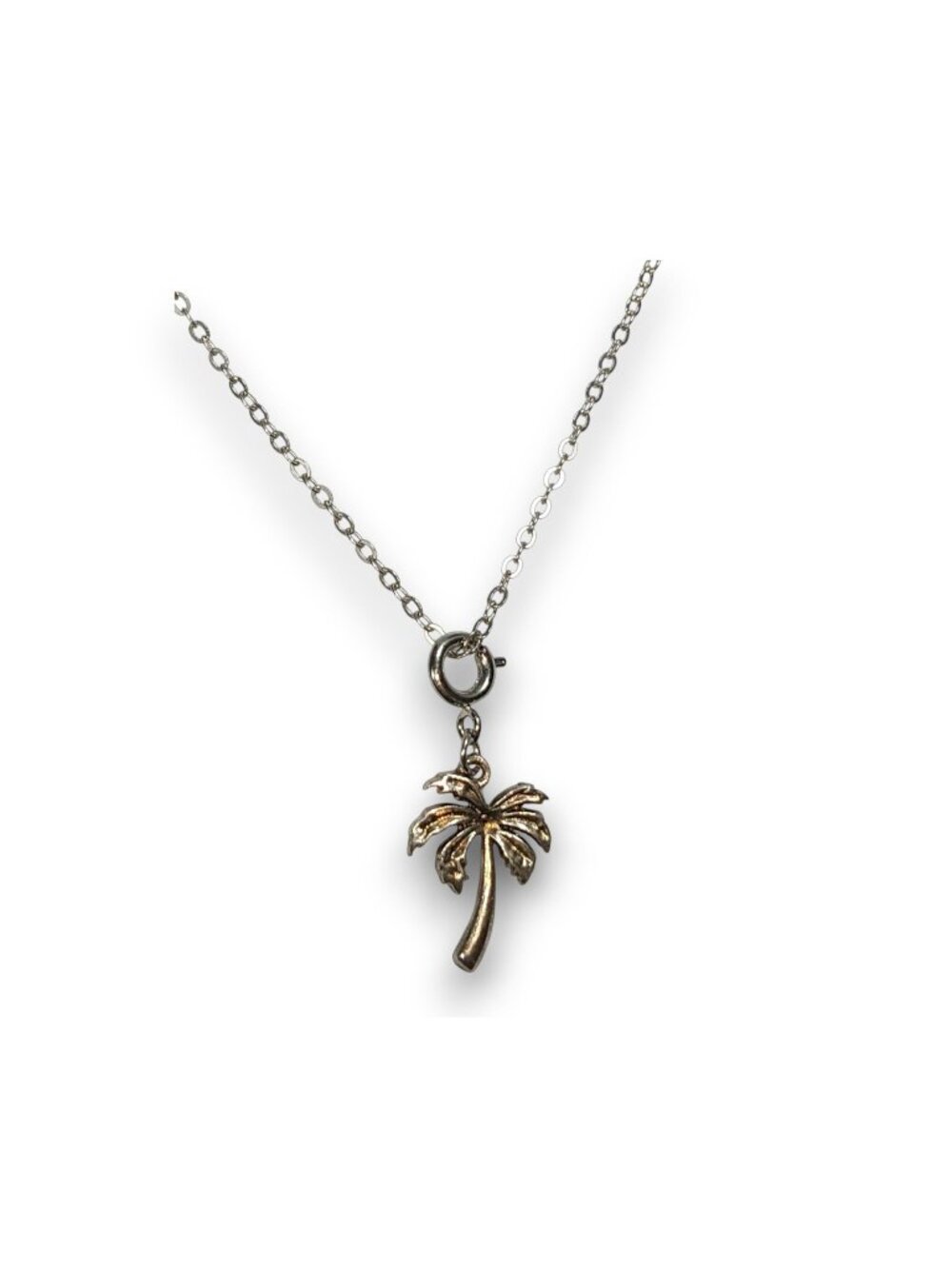 Coastal Tropical Silver Tone Palm Tree Charm Necklace 19 Inch